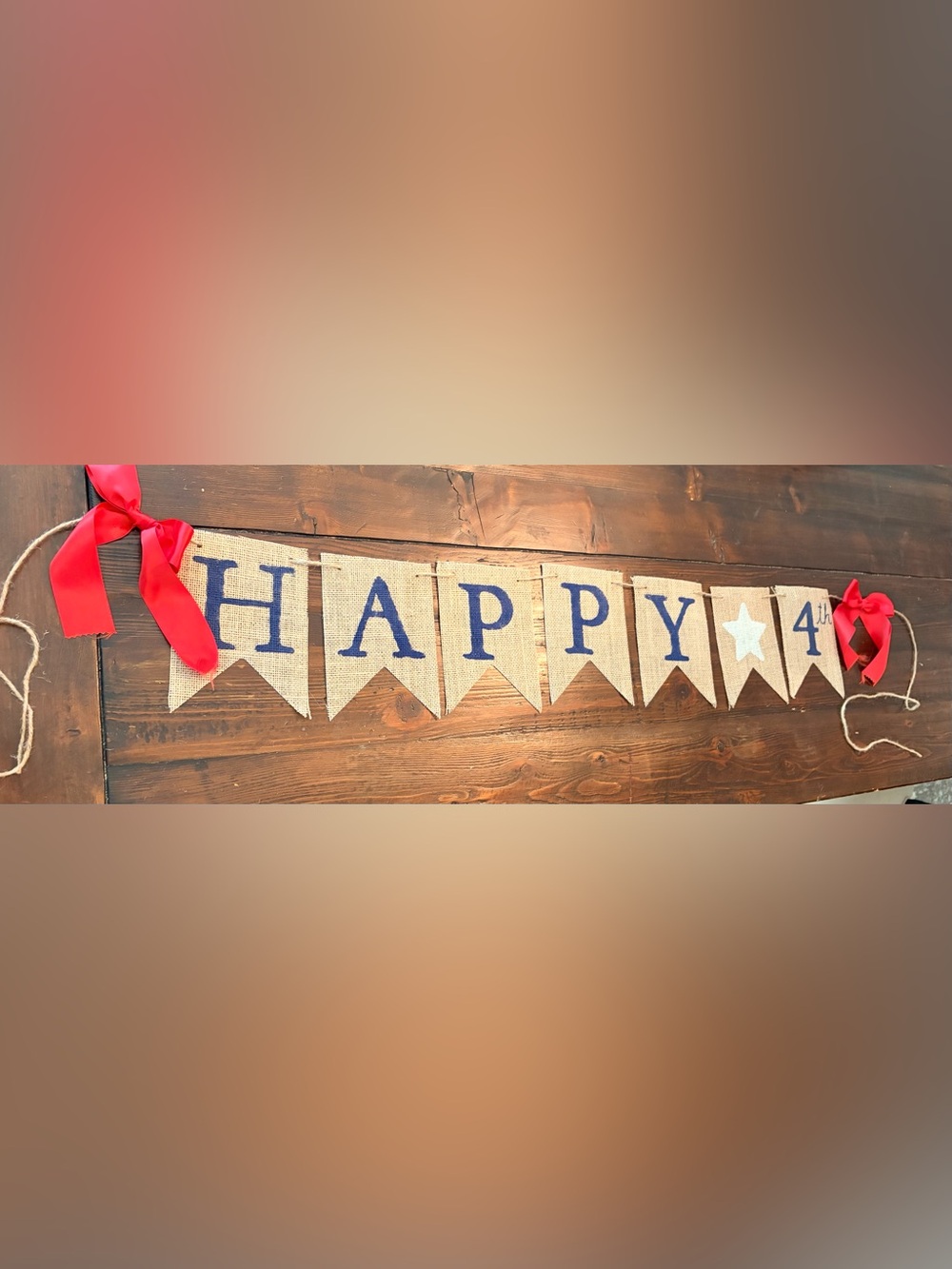 Burlap Happy 4th Banner Blue Letters white star red bows 🇺🇸 patriotic
